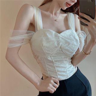 Off-shoulder Mesh Panel Cropped Blouse Light Almond - One Size