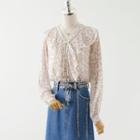 Puff-sleeve Floral Print Ruffled Blouse / Midi A-line Denim Skirt