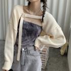 Long-sleeve Plain Loose-fit Knit Shawl / Tie-dye Tube Top