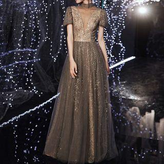 Stand Collar Puff-short-sleeve Mesh Sequined A-line Evening Gown