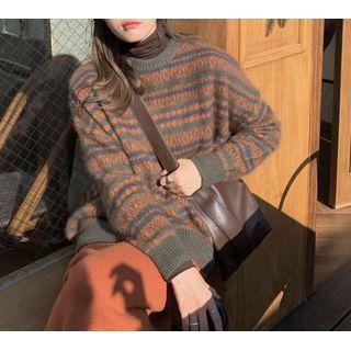 Striped Sweater / Plain Knit Midi Pencil Skirt