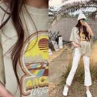 Elbow-sleeve Illustrated T-shirt Beige - One Size