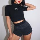 Moon-embroidered Cutout Crop T-shirt