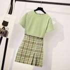 Set: Short-sleeve T-shirt + Mini Plaid A-line Skirt