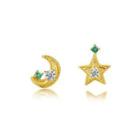 Sterling Silver Plated Gold Simple Star Moon Asymmetric Stud Earrings With Cubic Zirconia Golden - One Size