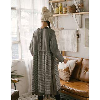 Crochet-collar Gingham-panel Long Dress