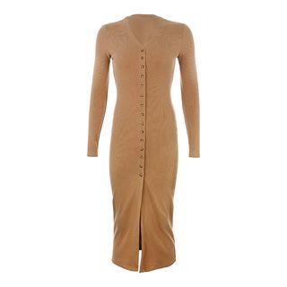 Single-breasted Long-sleeve Midi Sheath Knit Dress