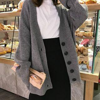 Plain Single-breasted Long-sleeve Cardigan / Plain Midi Skirt