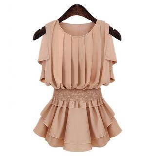 Plain Shirred Waist Cap Sleeve Chiffon Dress
