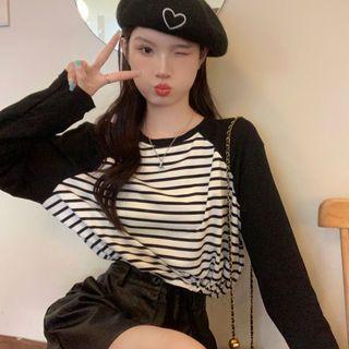Round-neck Drawstring Striped Top Stripe - One Size