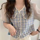 Short-sleeve Panel Plaid Crop Top