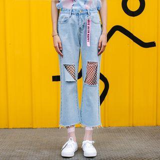 Cropped Mesh Panel Boot Cut Jeans