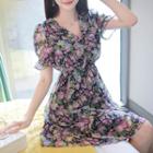 Shirred Frill-hem Floral Dress