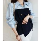 Contrast Puff-sleeve Double-breasted Blouse With Sash