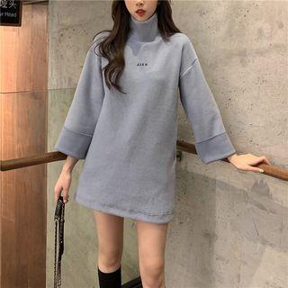 3/4-sleeve Turtleneck Lettering Mini Knit Dress