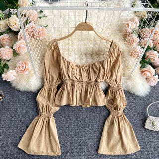 Bell-sleeve Plain Cropped Blouse