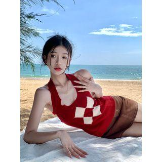 Halter Neck Knit Tank Top Red - One Size