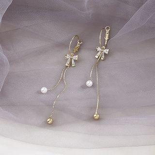 Rhinestone Bow Faux Pearl Alloy Fringed Earring 1 Pair - 925 Silver Needle - Gold - One Size