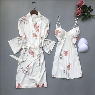 Loungewear Set : Print Suspender Sleep Dress + Robe