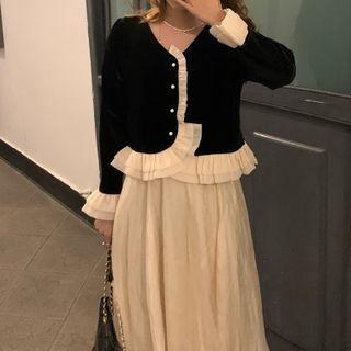 Color Block Ruffle Long-sleeve Top / High-waist Mesh A-line Midi Skirt