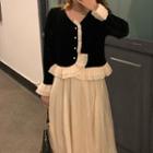 Color Block Ruffle Long-sleeve Top / High-waist Mesh A-line Midi Skirt