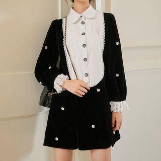 Collared Lace Trim Long-sleeve Dress