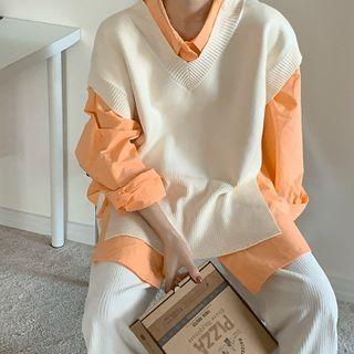V-neck Tie Waist Knit Vest / Long-sleeve Plain Split Shirt