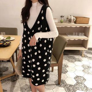 Dotted Knit Jumper Dress / Mock Neck Knit Top / Accordion Pleated Midi Skirt / Mock Neck Midi Pullover Dress