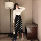 Puff-sleeve Turtleneck Sweater / Dotted Midi H-line Knit Skirt