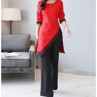 Set: Lace Trim Asymmetric Long-sleeve Top + Wide-leg Pants