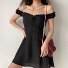 Off-shoulder Plain Ruffle Trim Dress