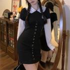 Mock Two-piece Puff-sleeve Badge Embroidered Sheath Dress