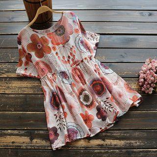 Short-sleeve Flower Print A-line Top Flower - White - One Size