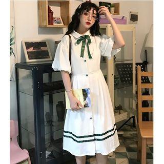 Short-sleeve Striped Trim A-line Midi Dress As Shown In Figure - One Size