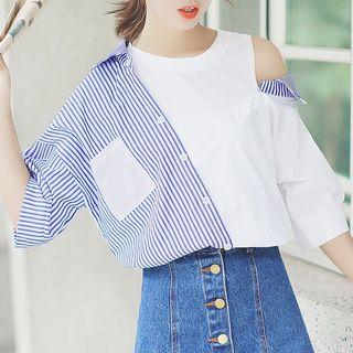 Mock Two-piece Asymmetric Striped Paneled Top