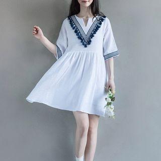 Elbow-sleeve Tasseled A-line Dress