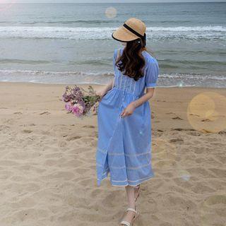 Set: Lace Trim Stripe Shirtdress + Slipdress Sky Blue - One Size