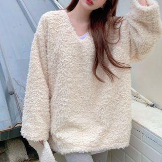 V-neck Fleece Sweatshirt Off-white - One Size