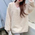 V-neck Fleece Sweatshirt Off-white - One Size