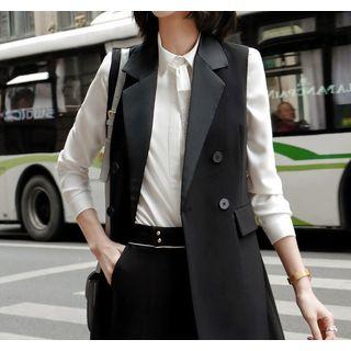Plain Double-breasted Vest / Tie-neck Blouse / Cropped Straight-fit Pants / Set