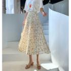 Floral Accordion Pleat Midi A-line Skirt / Elbow-sleeve T-shirt / Set