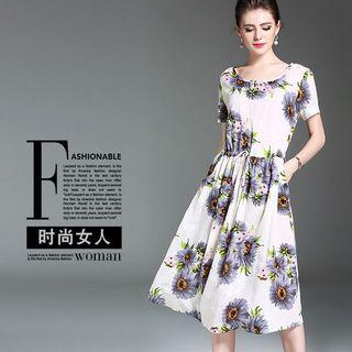 Short-sleeve Floral Print Loose-fit Oversized Crewneck A-line Dress
