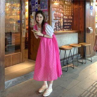Puff-sleeve Midi T-shirt Dress / Dotted Midi A-line Overall Dress