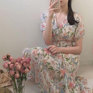 Short-sleeve Floral Print Midi Dress As Shown In Figure - One Size