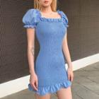 Square Neck Short-sleeve Sheath Dress Blue - One Size