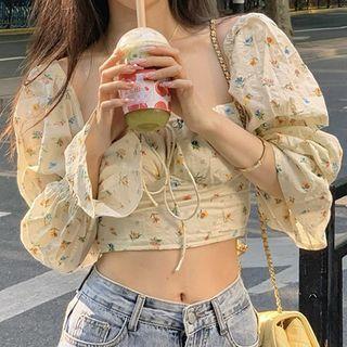 Long-sleeve Square Neck Floral Lace Up Crop Top