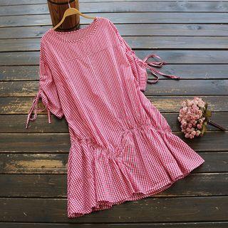 3/4-sleeve Drawstring Gingham Dress