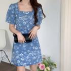 Short-sleeve Floral Print A-line Denim Dress Light Blue - One Size