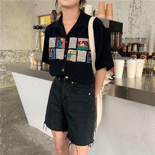 Short-sleeve Embroidered Shirt Dark Blue - One Size