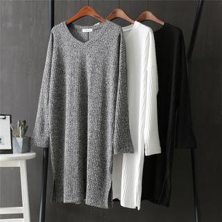 Long-sleeve V-neck Ribbed Plain Knit Dress